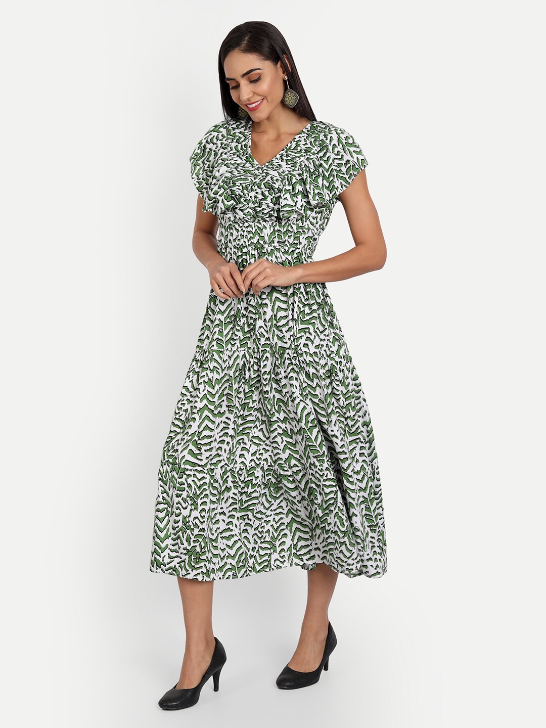

MINGLAY Green Tropical Layered Dress