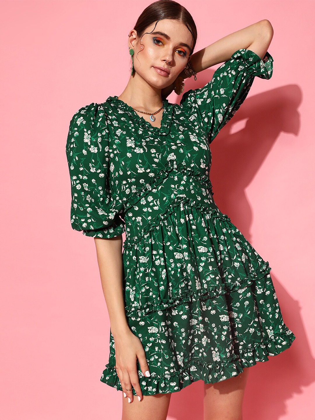

STREET 9 Green Floral Printed Georgette Fit & Flare Dress