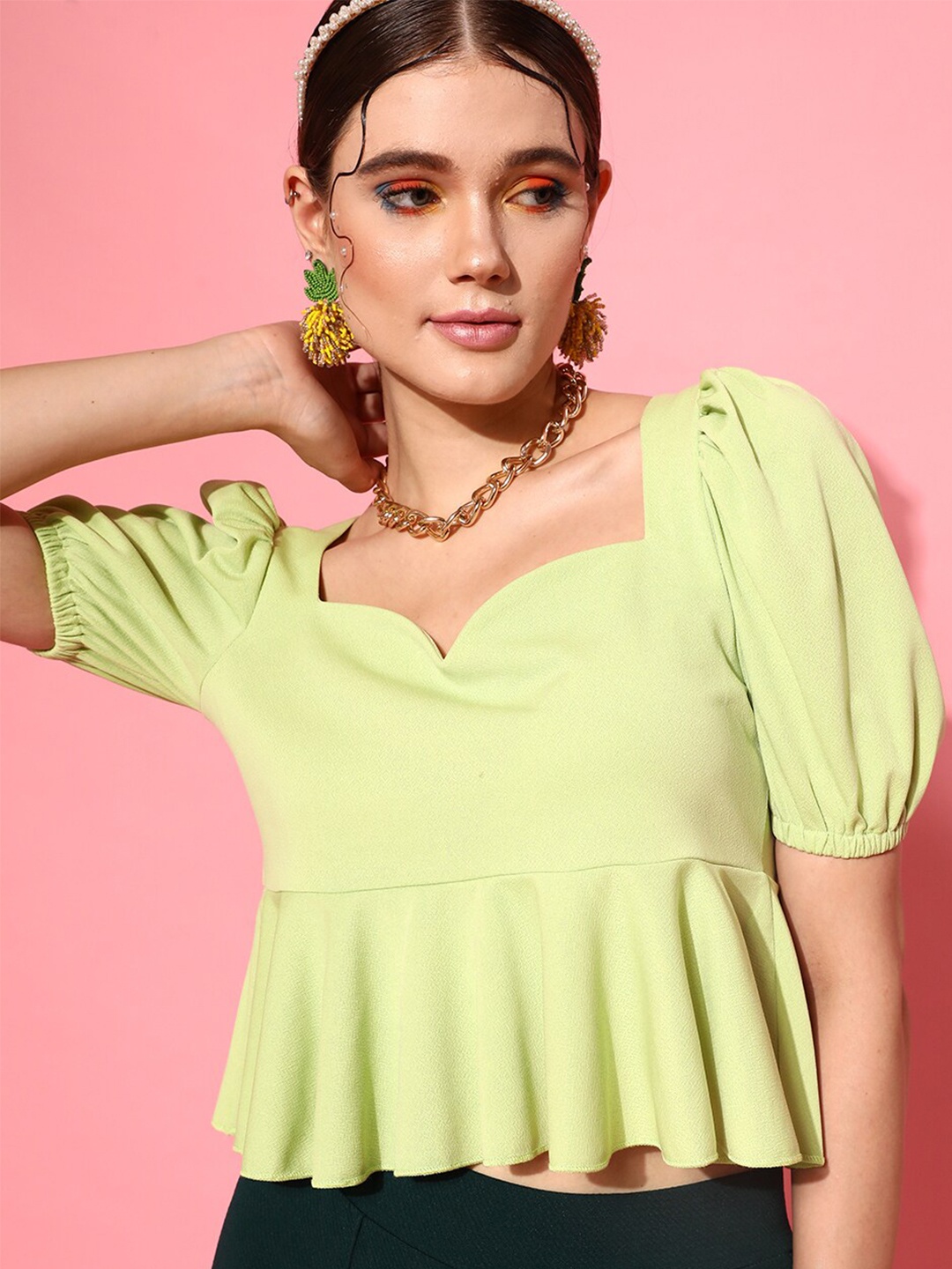 

STREET 9 Lime Green Sweetheart Neck Crepe Peplum Top