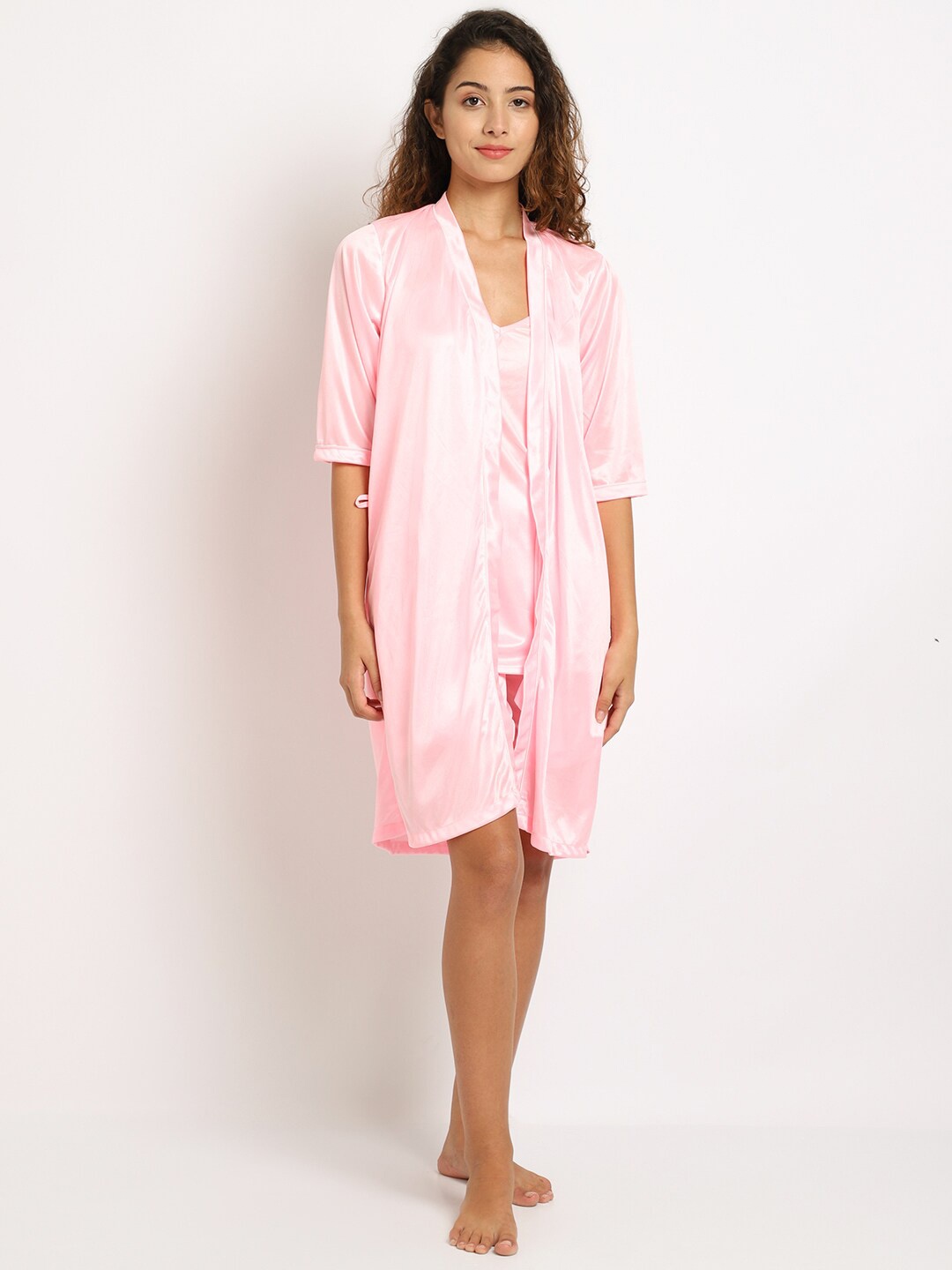 

ELEVANTO Pink Satin Nightdress with Robe