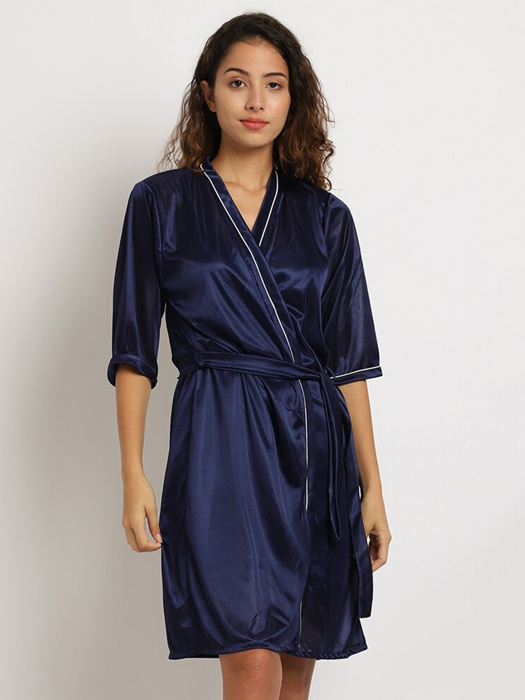 

ELEVANTO Women Navy Blue Set of 3 Piece Solid Satin Nightdress