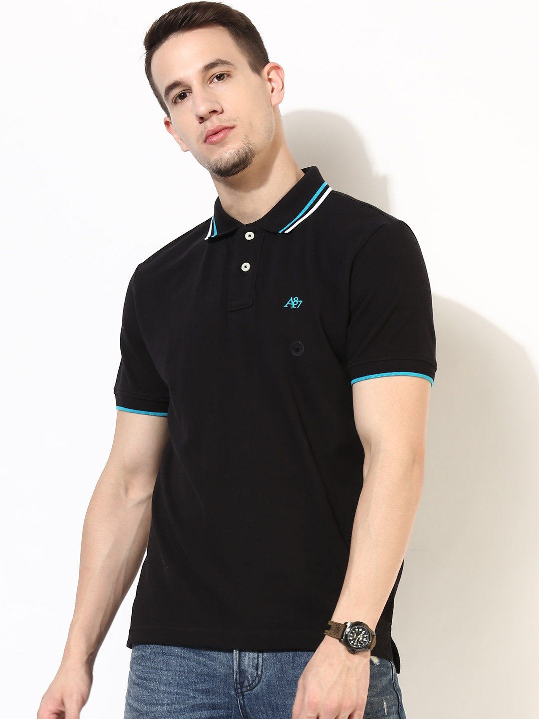 

Aeropostale Men Black Solid Polo Collar T-shirt