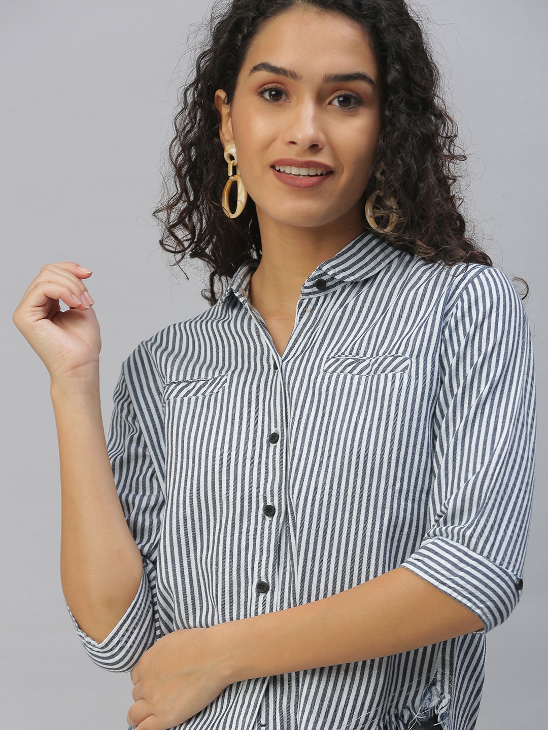 

SHOWOFF Women Navy Blue Relaxed Striped Casual Shirt