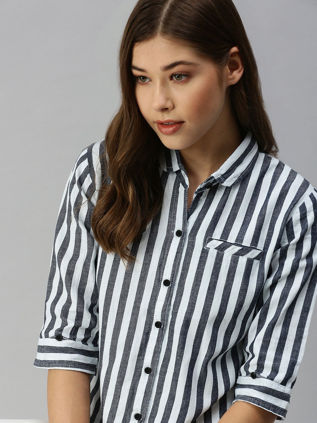 

SHOWOFF Women Navy Blue Comfort Striped Casual Shirt