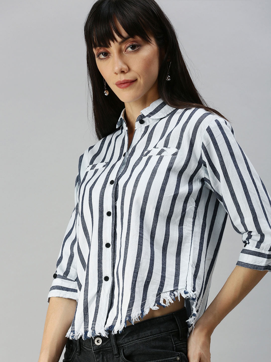 

SHOWOFF Women White & Navy Blue Comfort Striped Regular Fit Casual Shirt