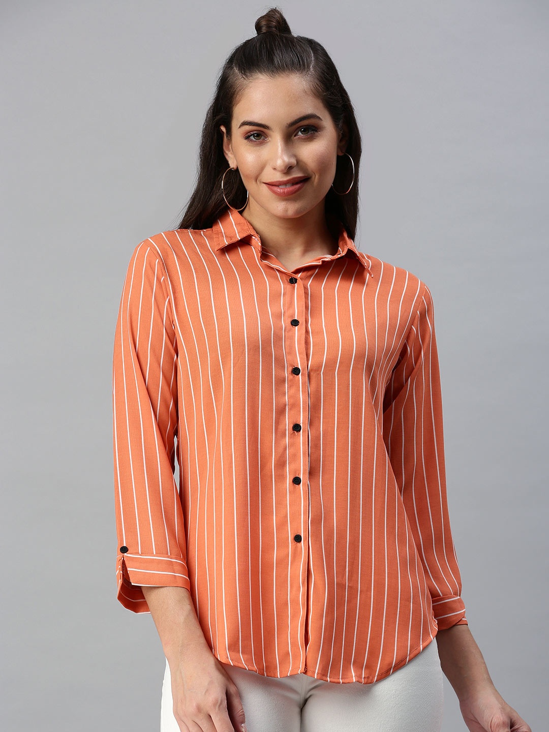 

SHOWOFF Women Orange Comfort Slim Fit Striped Casual Shirt