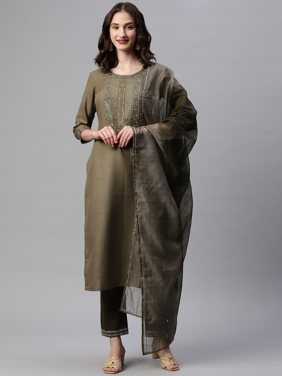 

SheWill Women Olive Green Floral Embroidered Mirror Work Kurta with Trousers & With Dupatta