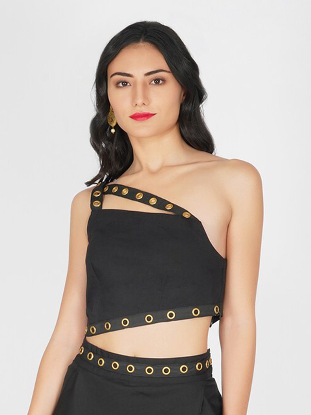 

KOVET Black Embellished One Shoulder Crop Top
