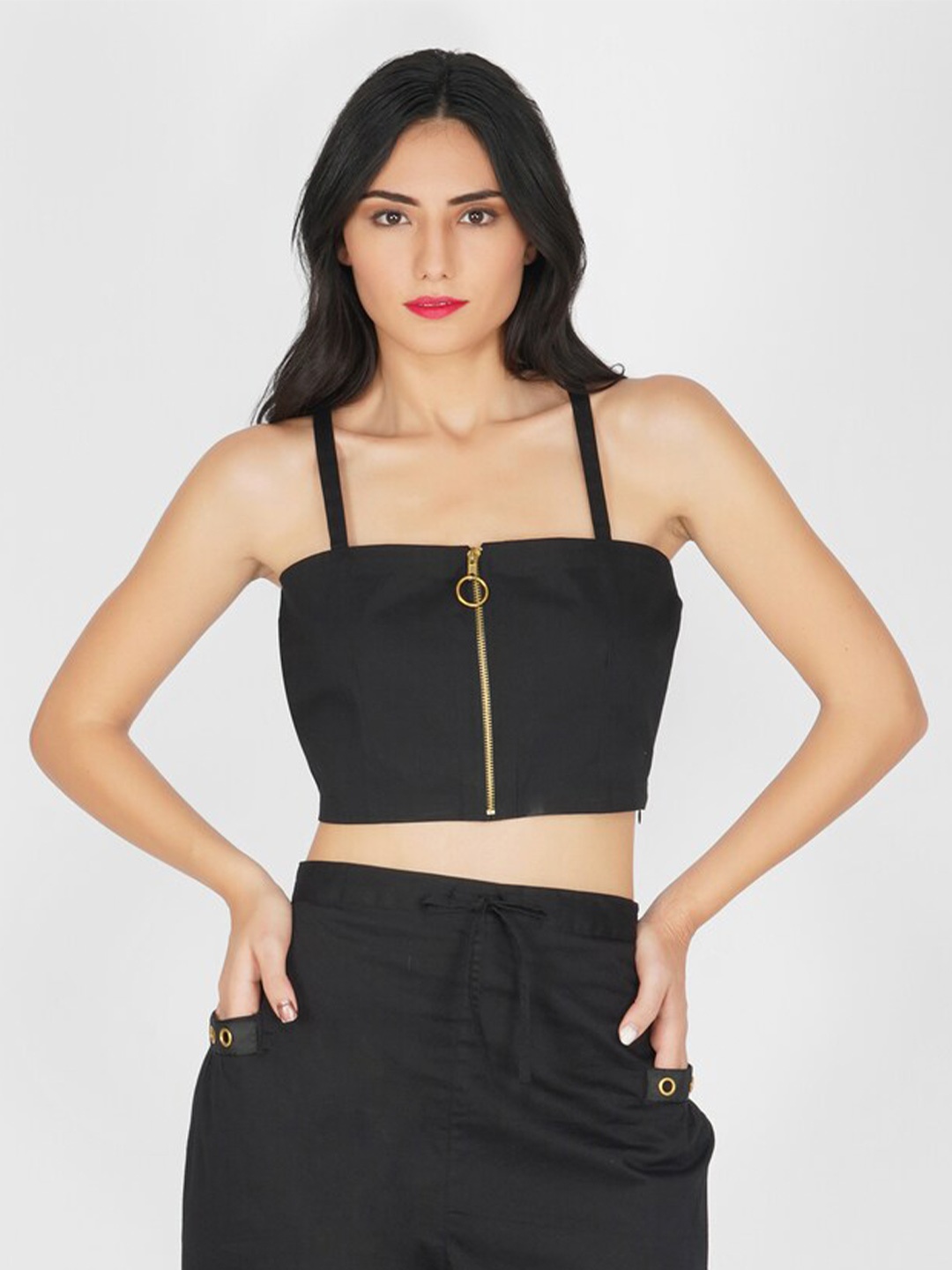 

KOVET Black Front Zip Fitted Crop Top