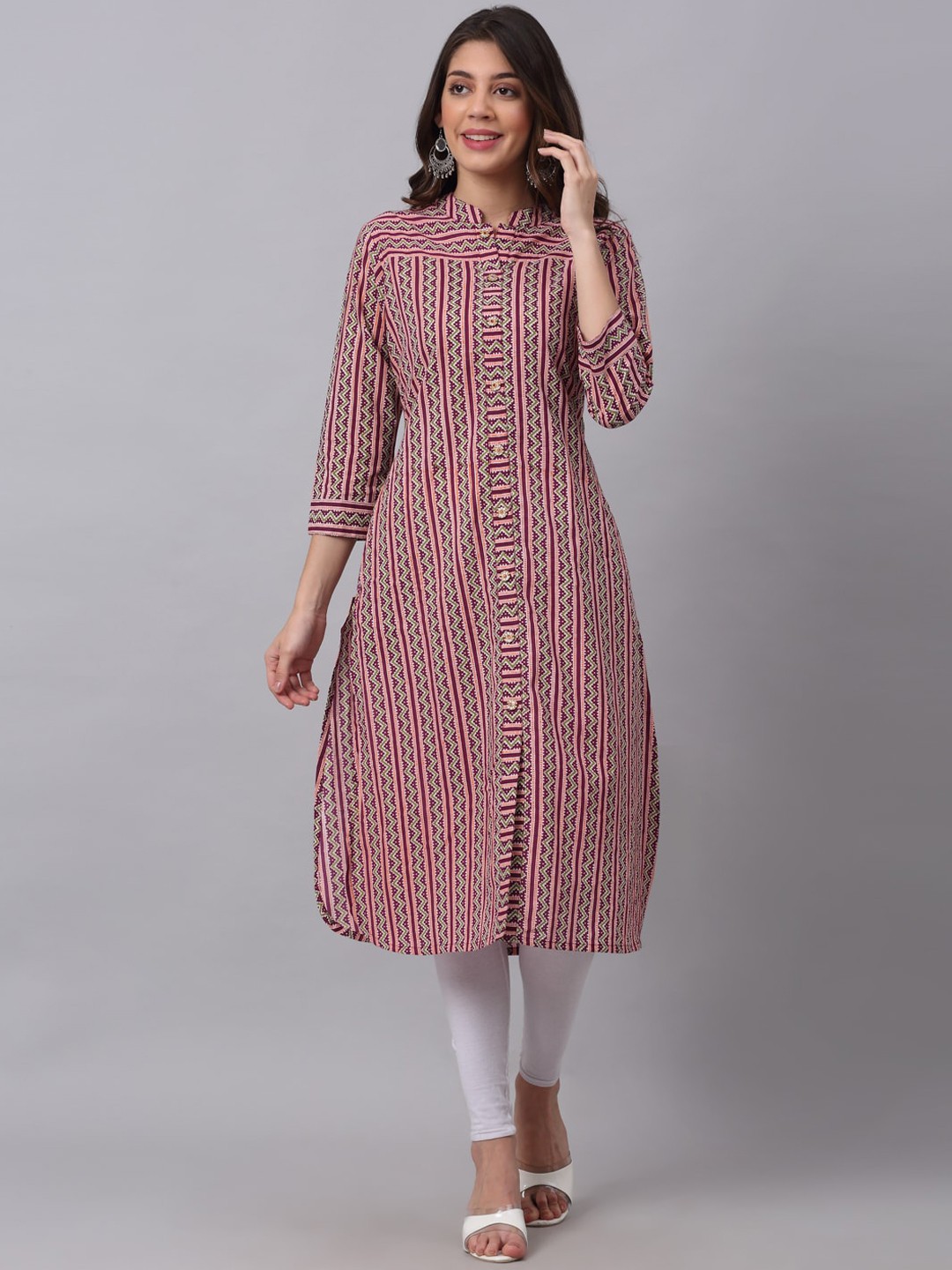 

KALINI Women Maroon Geometric Striped Flared Sleeves Thread Work Quirky Kurta