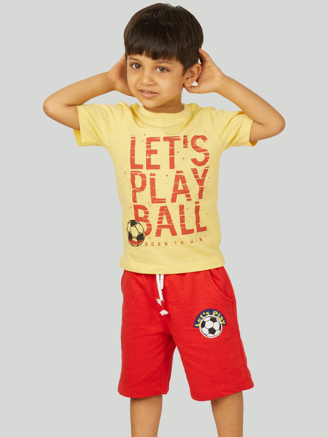 

Zalio Boys Yellow & Red Printed Pure Cotton T-shirt with Shorts