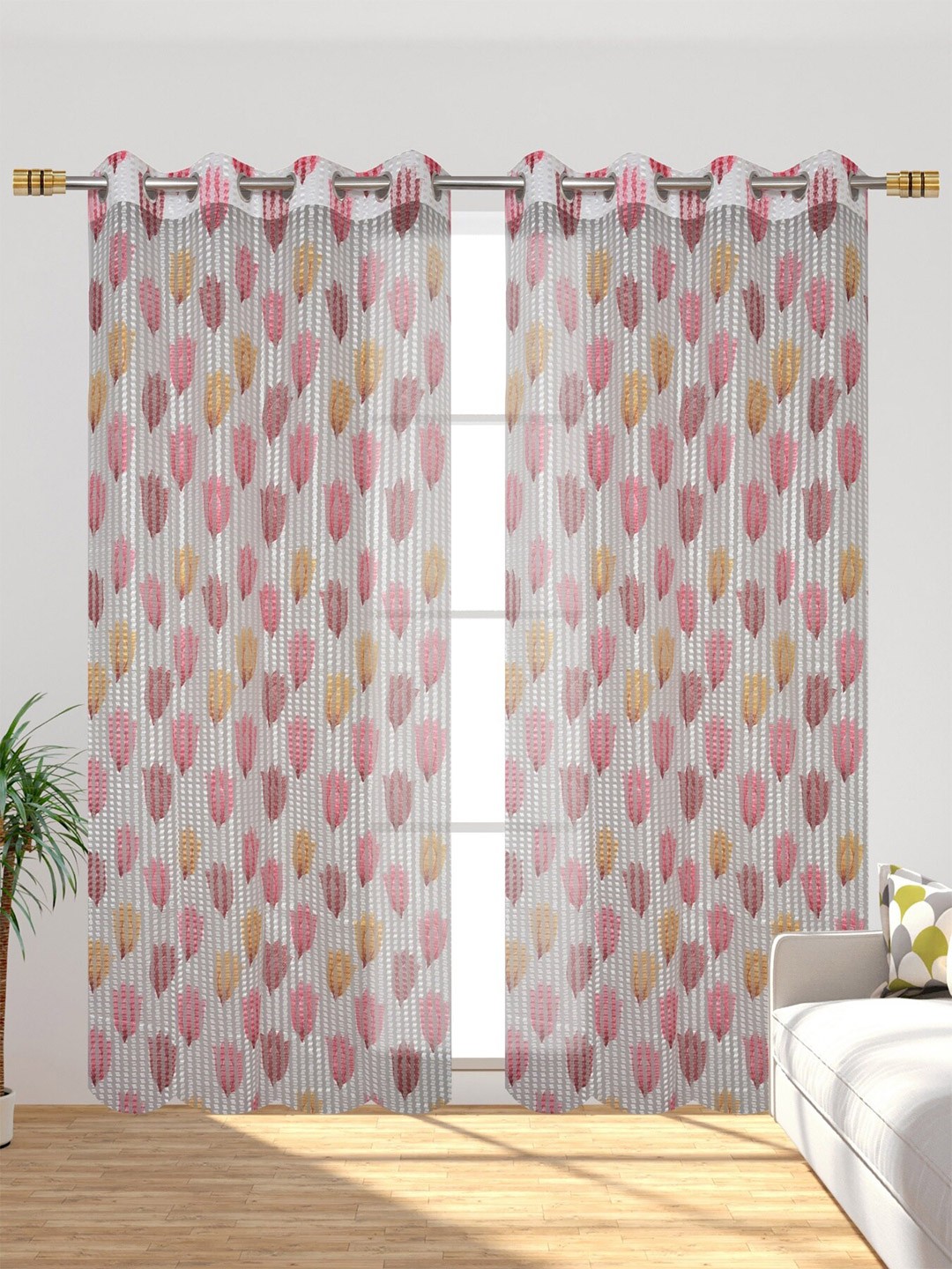 

Homefab India White & Maroon Set of 2 Ethnic Motifs Sheer Door Curtains