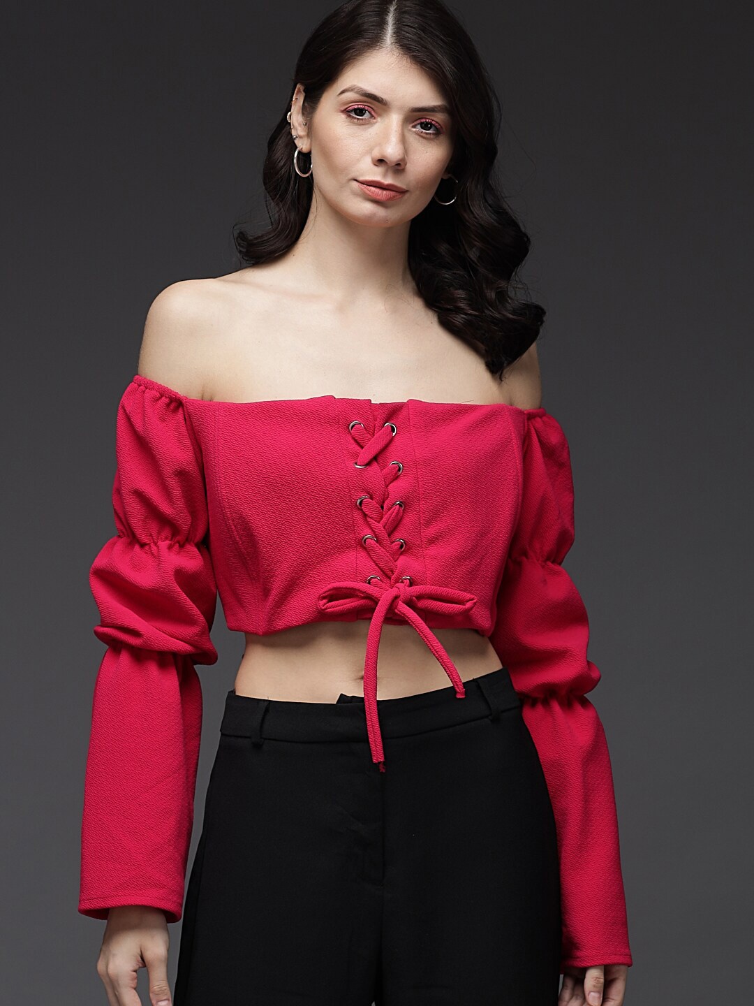 

Darzi Pink Off-Shoulder Bardot Crop Top