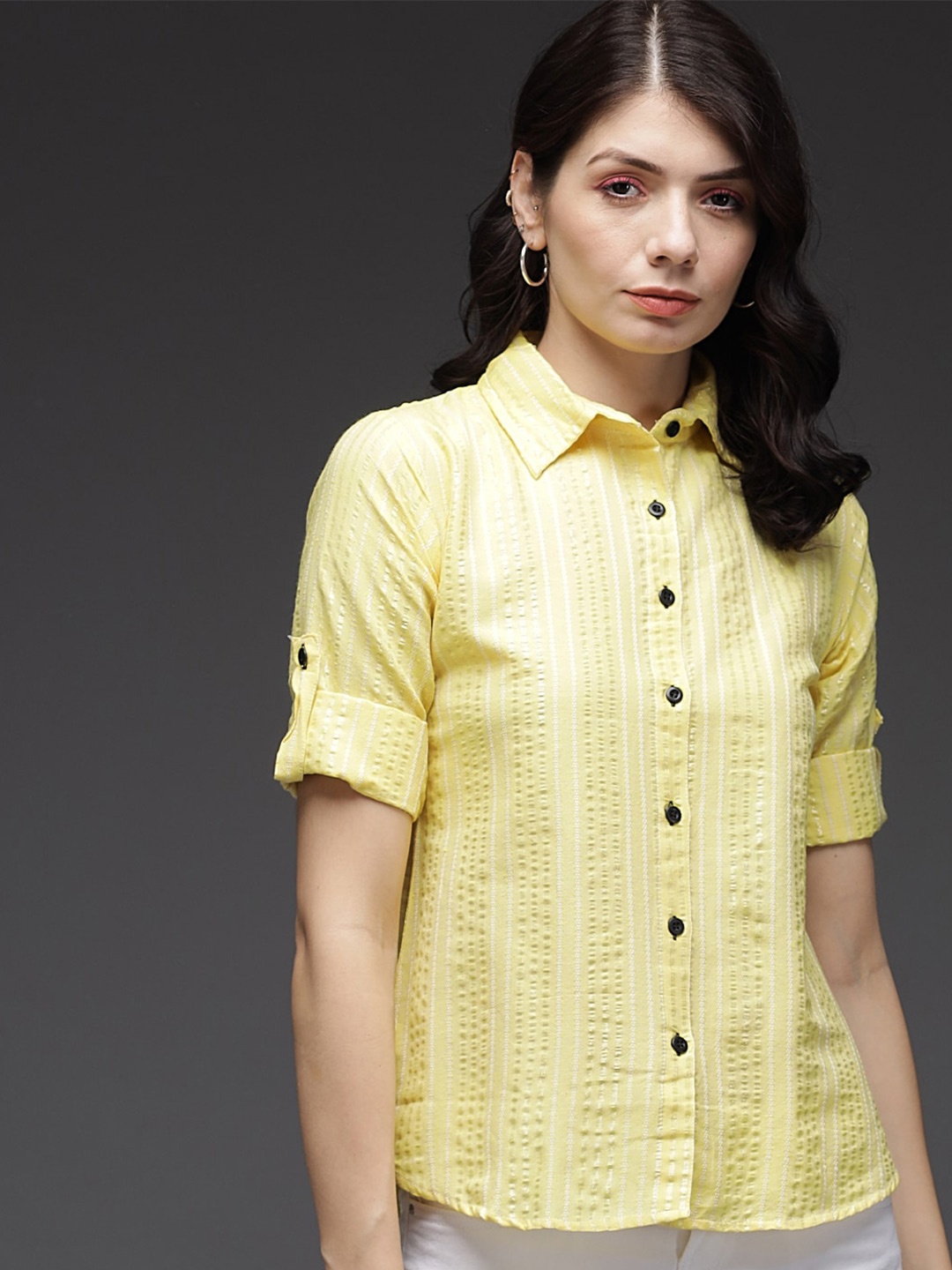 

Darzi Women Yellow Custom Striped Casual Shirt