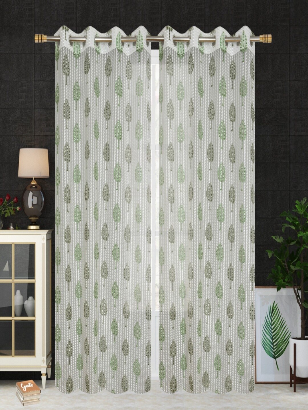 

Homefab India White & Green Set of 2 Ethnic Motifs Sheer Door Curtains