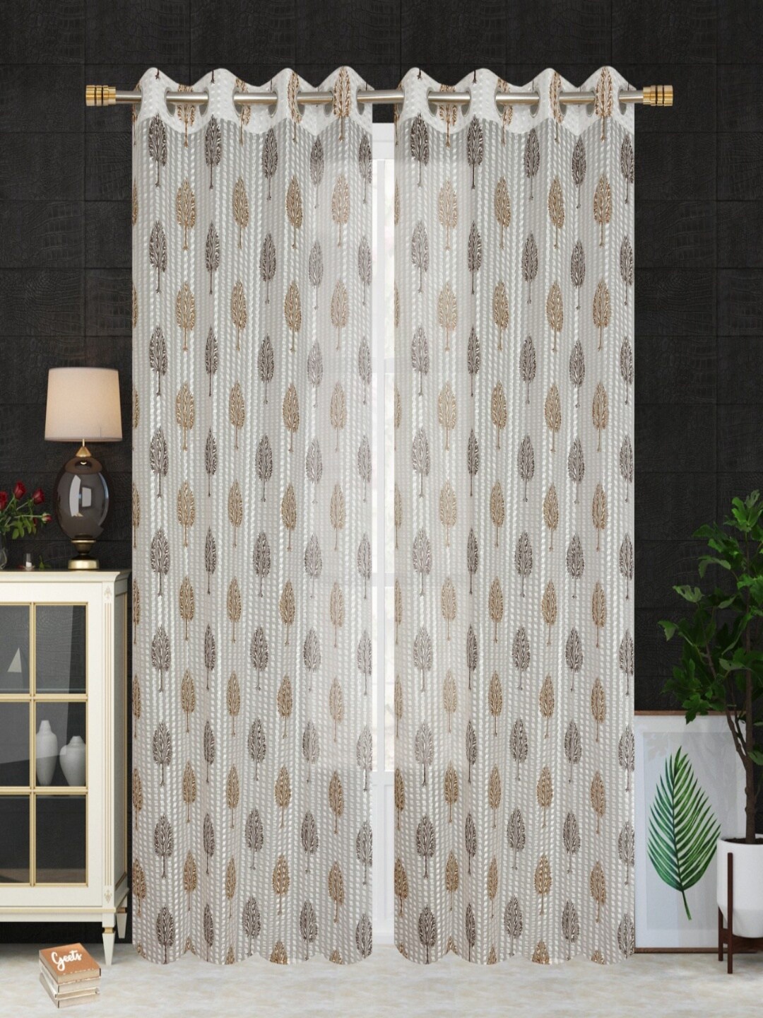 

Homefab India Brown & White Set of 2 Floral Sheer Door Curtain