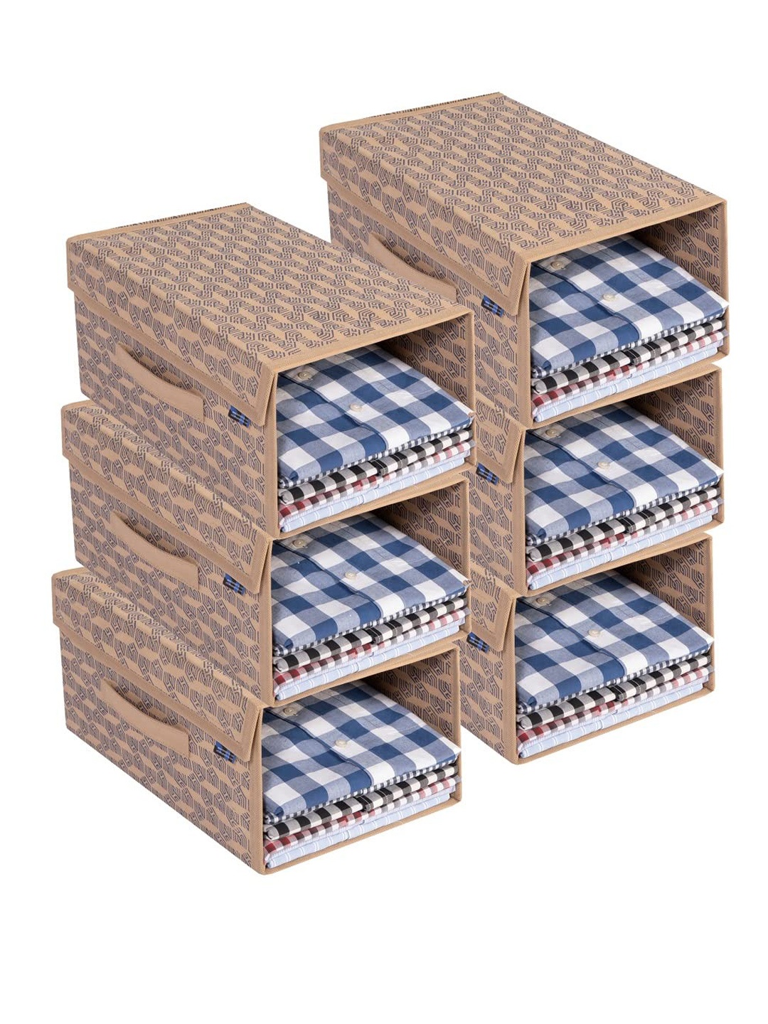 

HOMESTRAP Set of 6 Printed Shirt Stacker with Lid and Handles, Beige