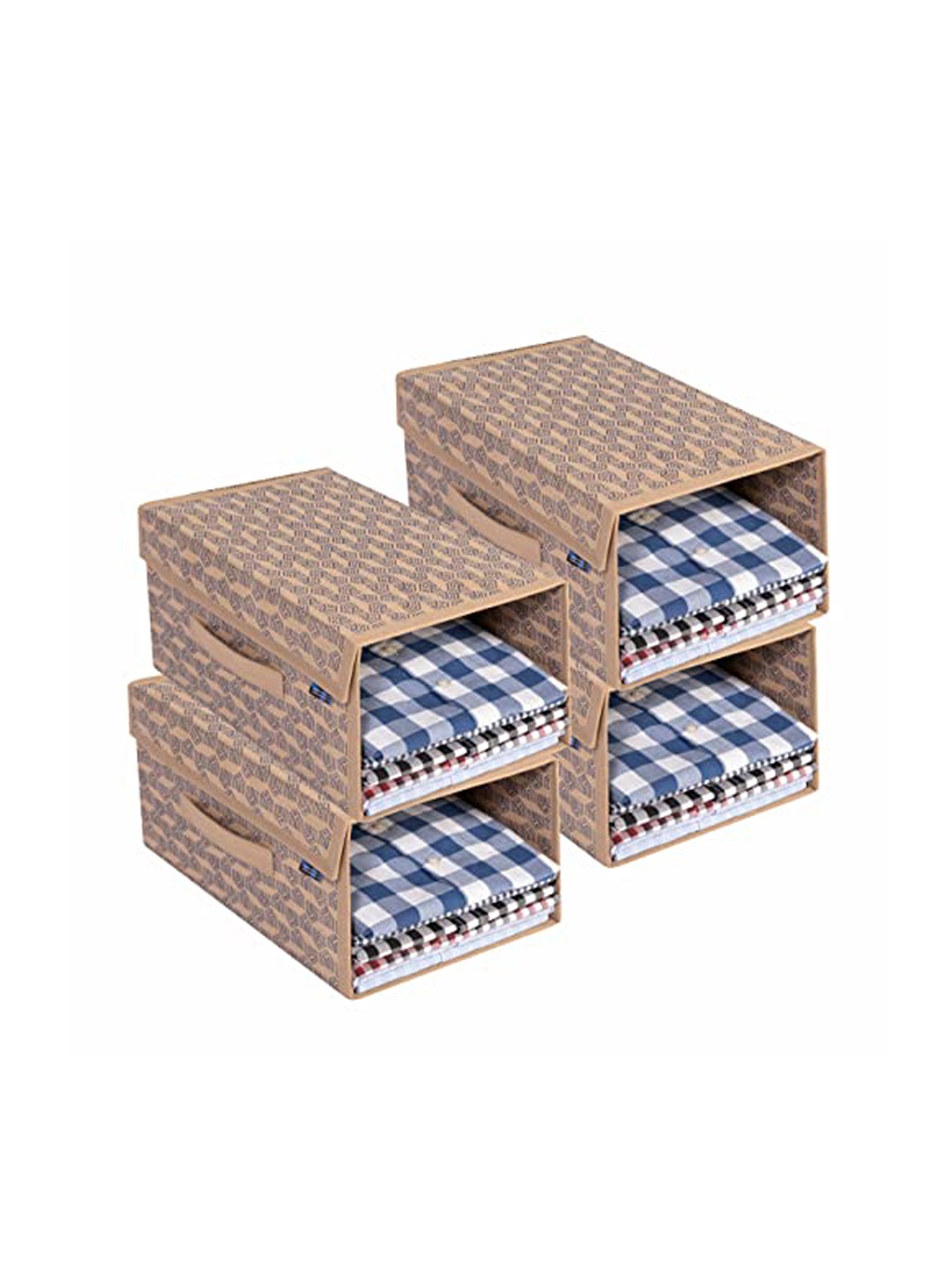 

HOMESTRAP Set of 4 Printed Shirt Stacker with Lid and Handles, Beige