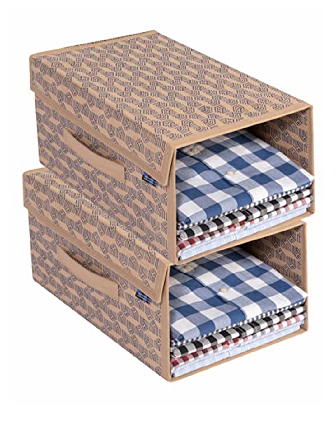 

HOMESTRAP Set of 2 Printed Shirt Stacker with Lid, Beige