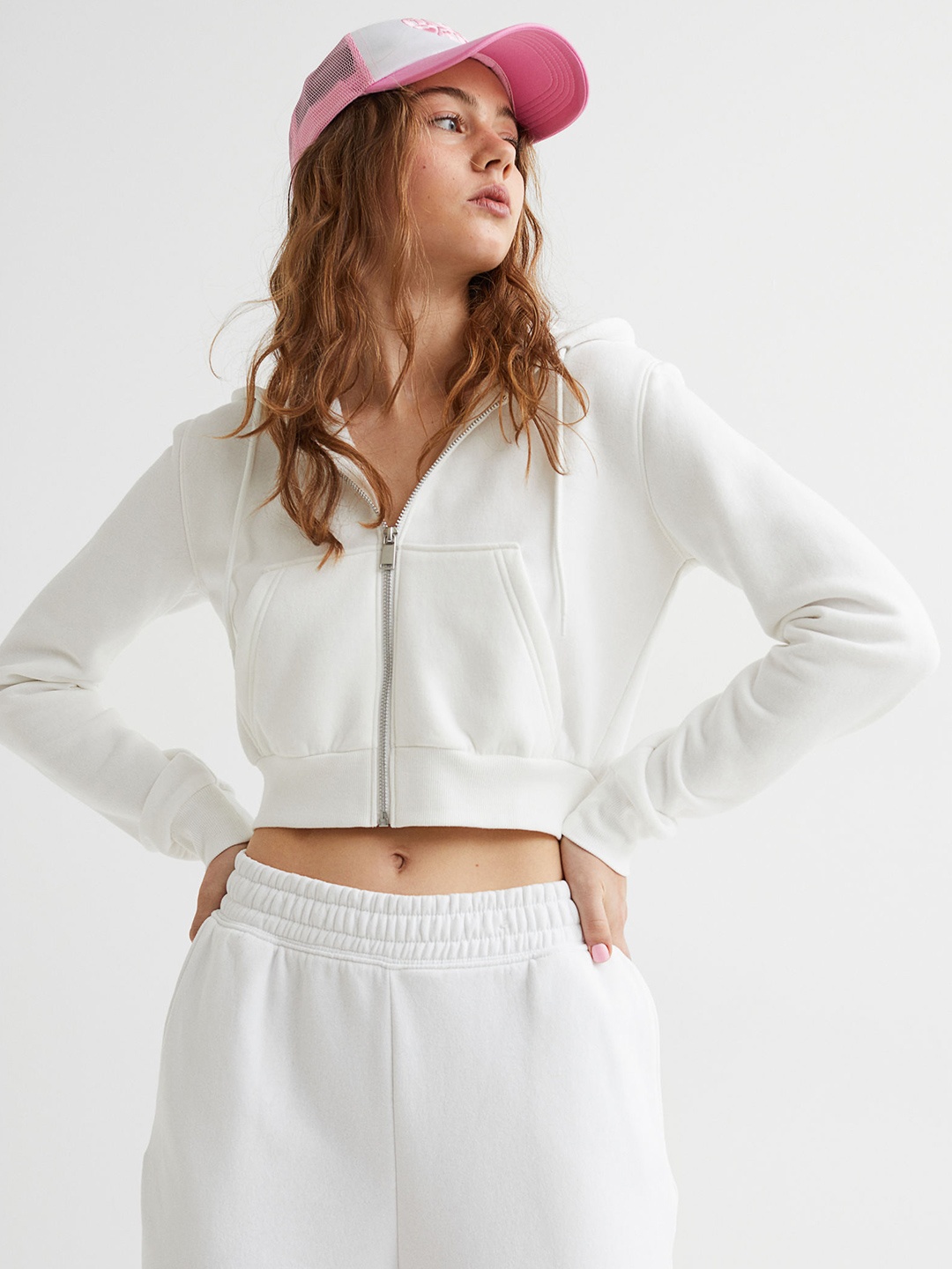 

H&M Women White Cropped Zip-Through Hoodie