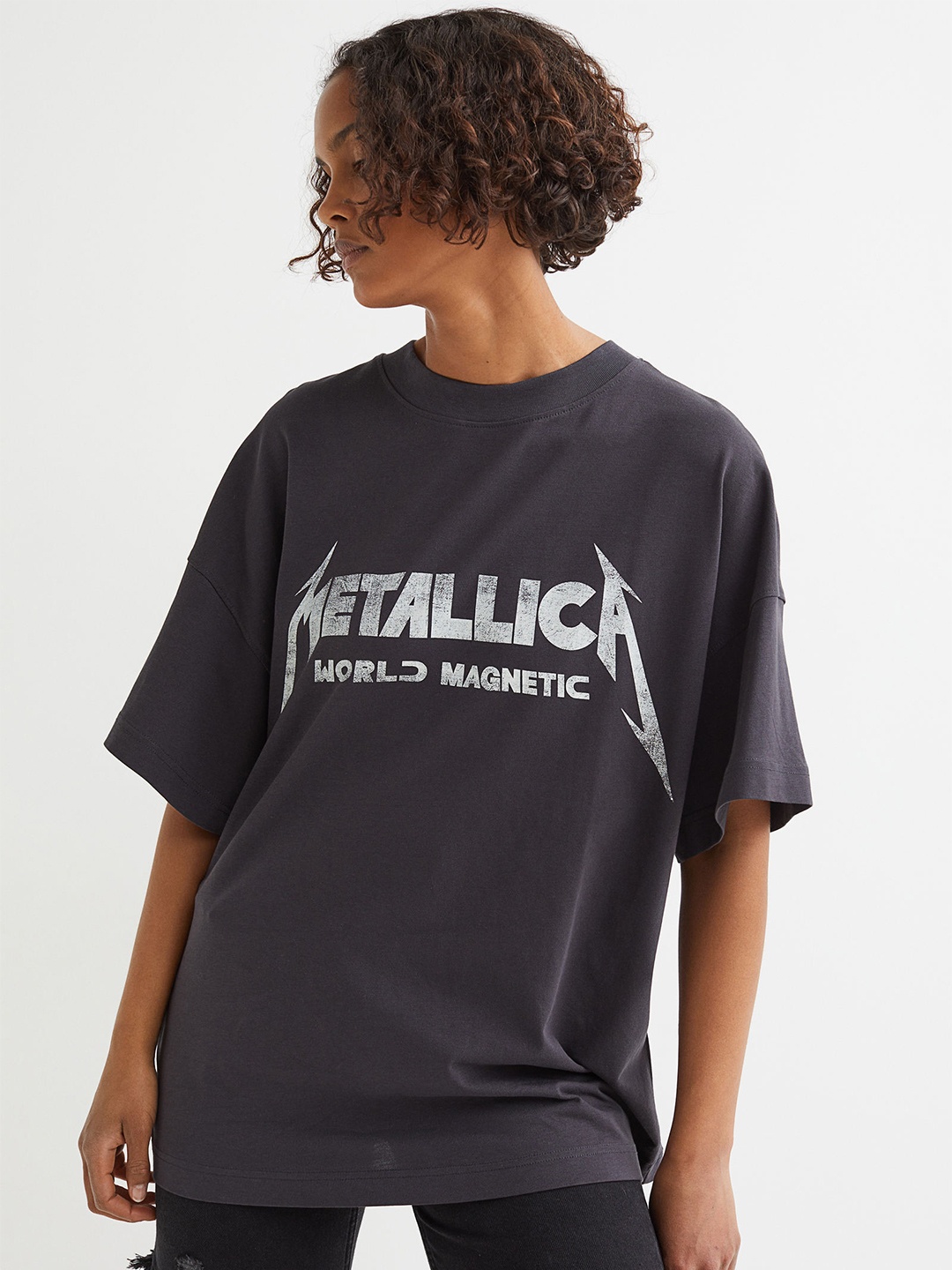 

H&M Women Grey Long printed T-shirt