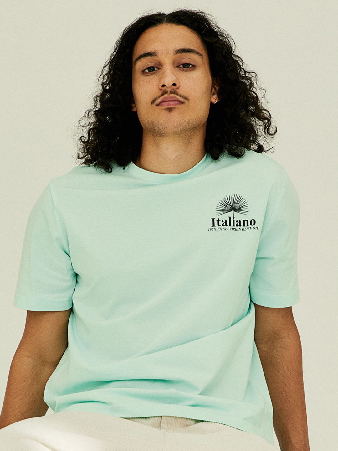 

H&M Men Turquoise Blue Printed Cotton T-shirt