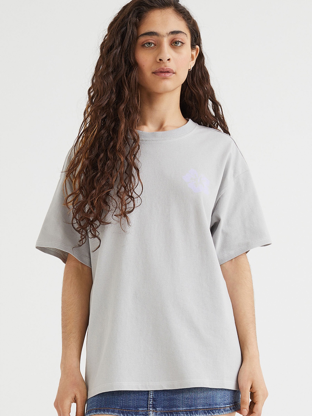 

H&M Women Grey Printed Cotton T-shirt
