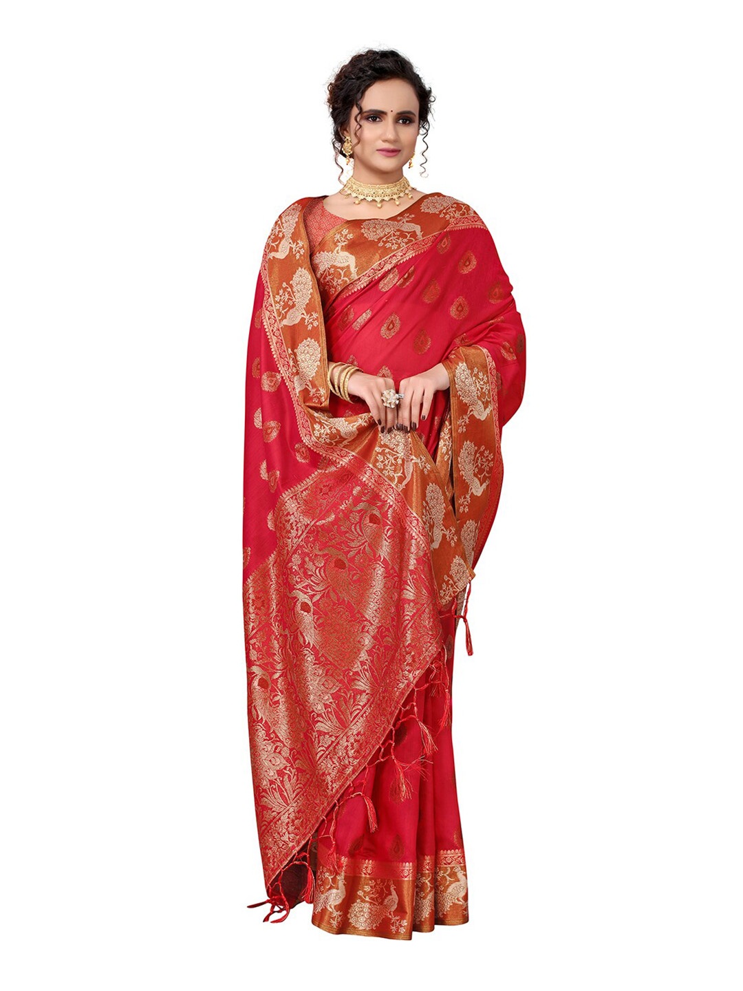 

Pisara Red Ethnic Motifs Zari Silk Cotton Chanderi Saree