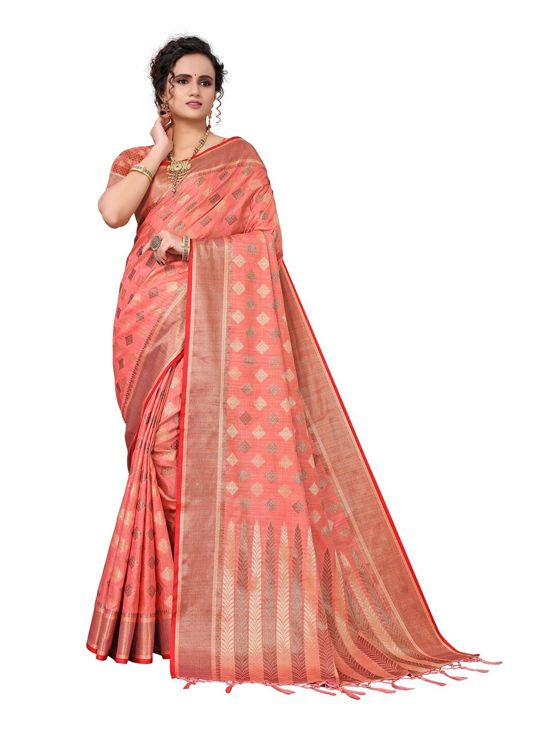 

Pisara Peach-Coloured & Gold-Toned Woven Design Zari Silk Cotton Chanderi Saree
