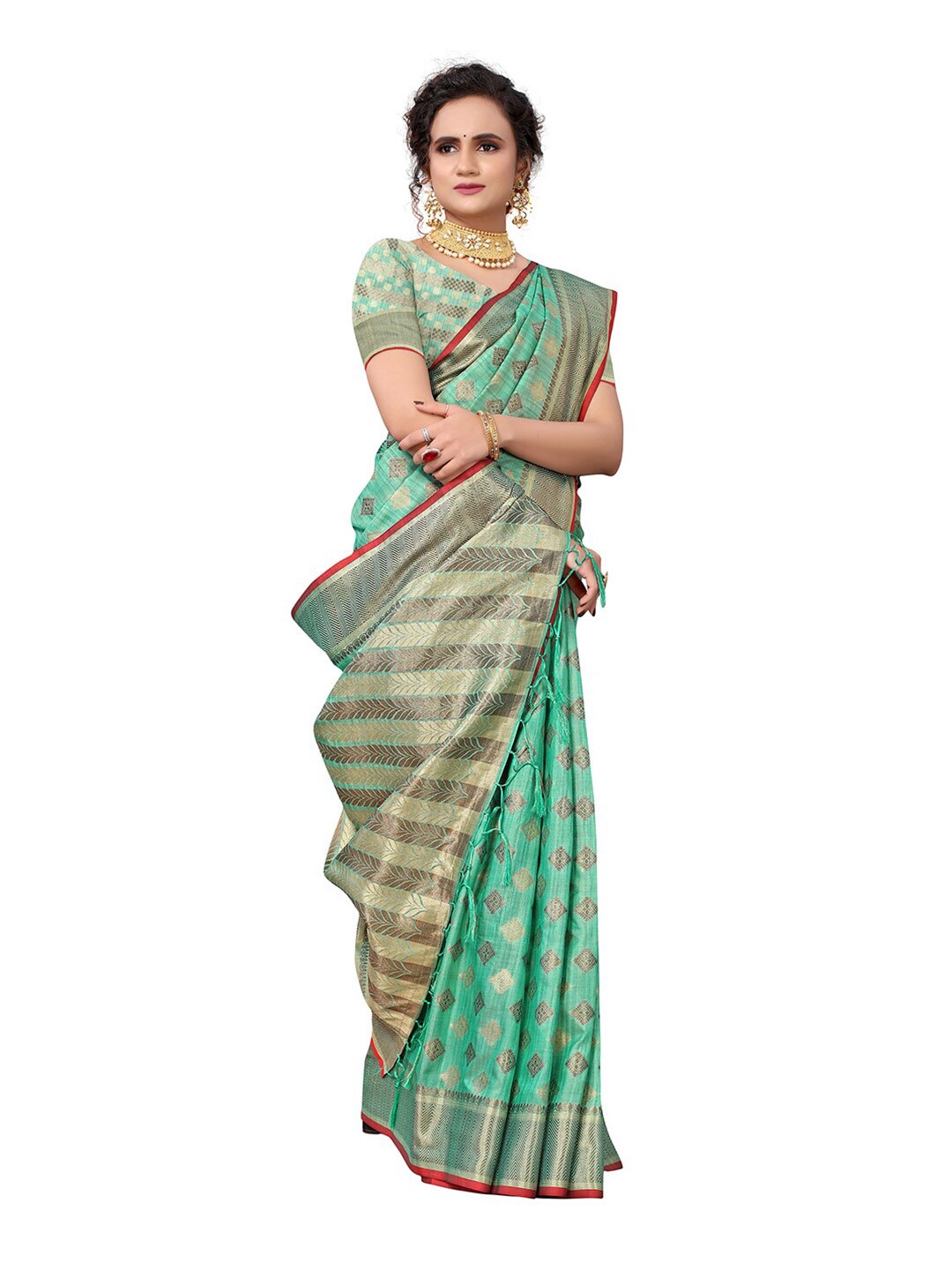 

Pisara Turquoise Blue & Red Woven Design Silk Cotton Chanderi Saree