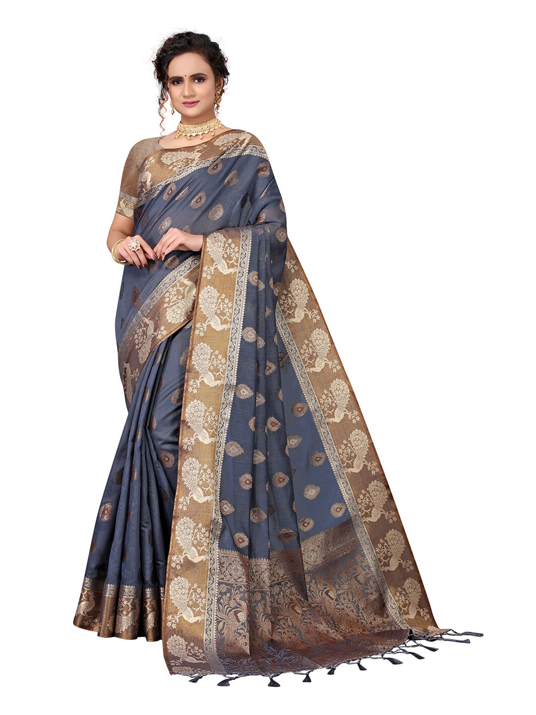 

Pisara Grey Ethnic Motifs Zari Silk Cotton Chanderi Saree