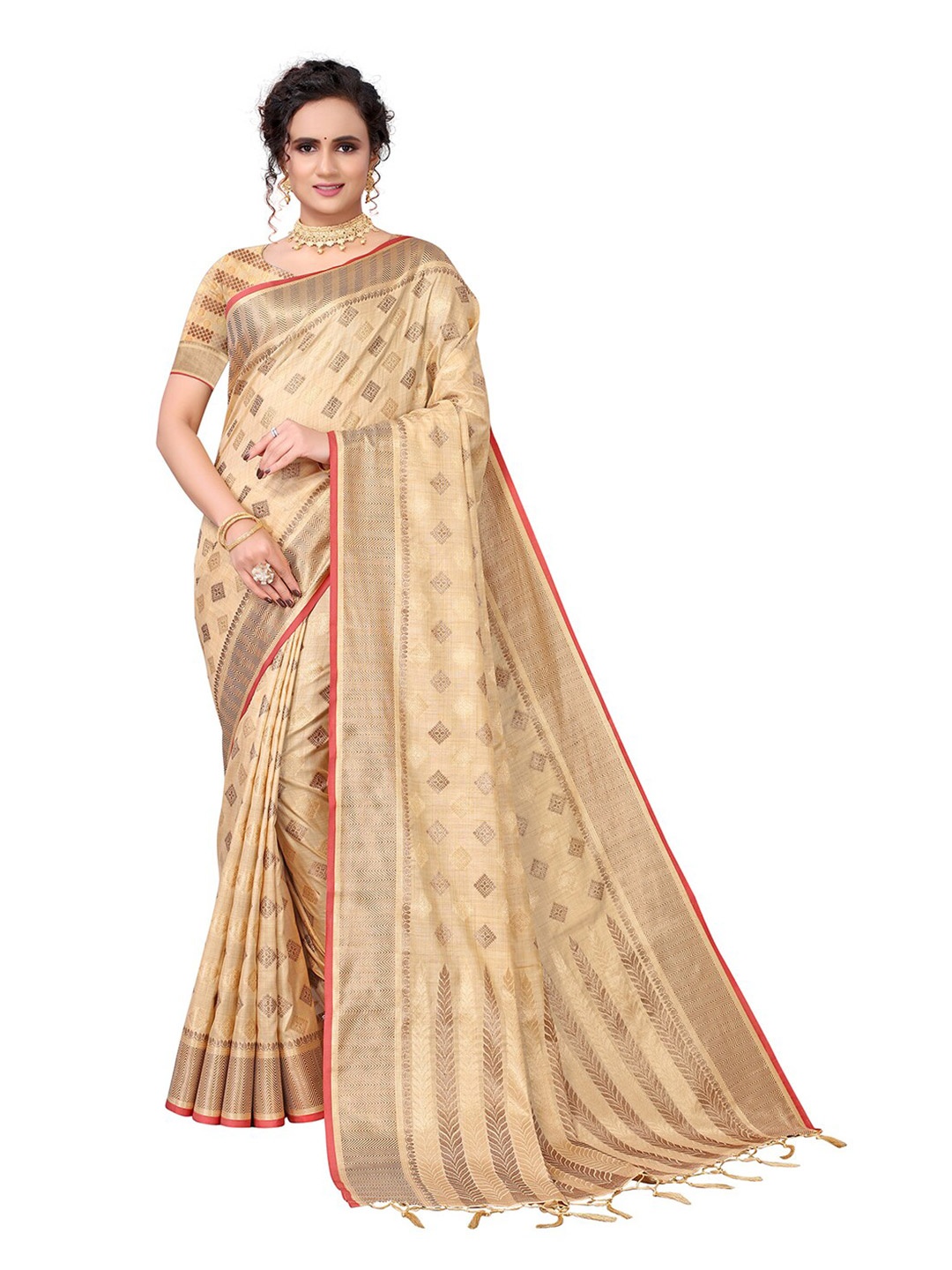 

Pisara Beige & Red Ethnic Motifs Silk Cotton Chanderi Saree