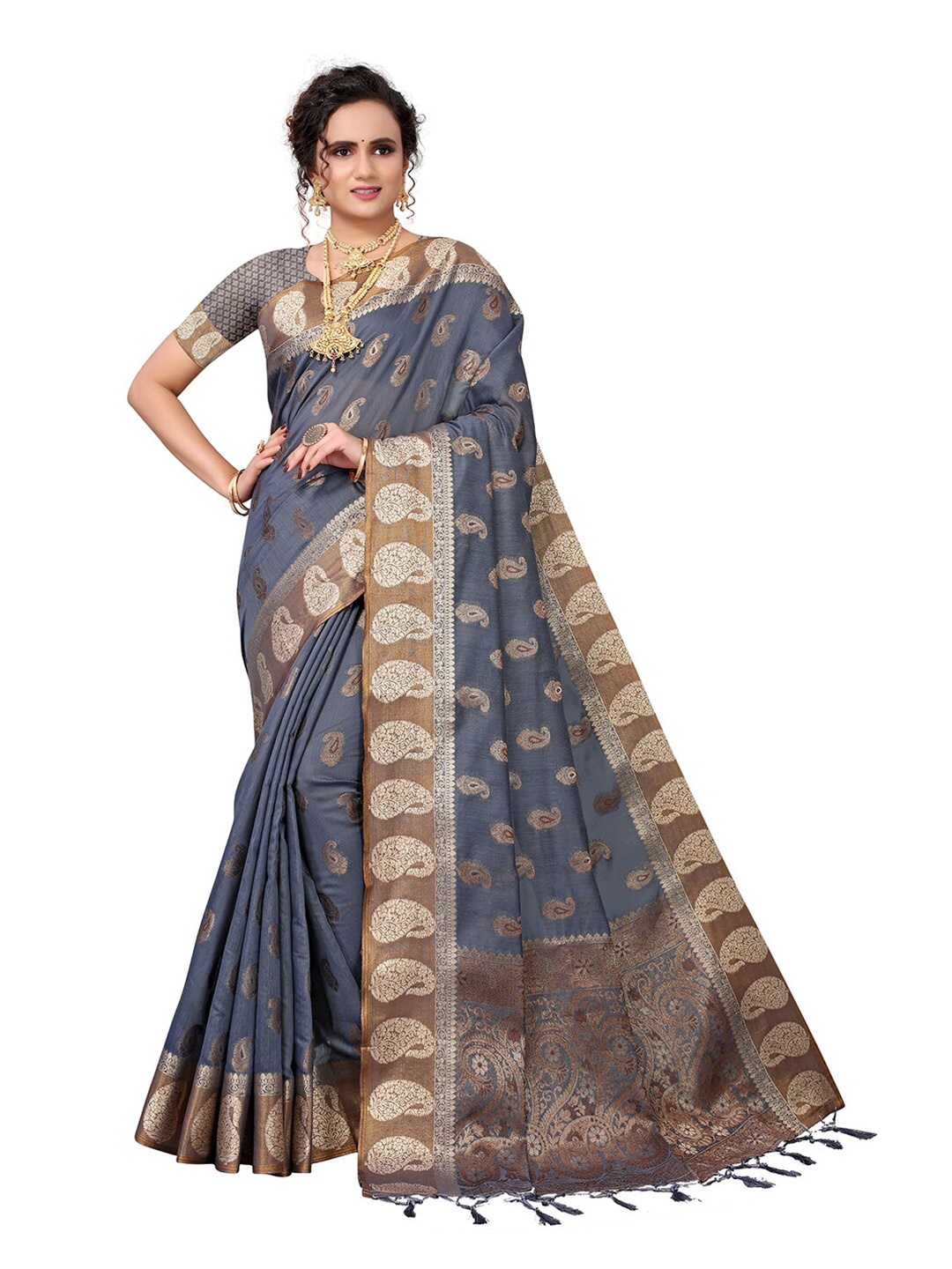 

Pisara Grey & Tan Woven Design Zari Silk Cotton Chanderi Saree