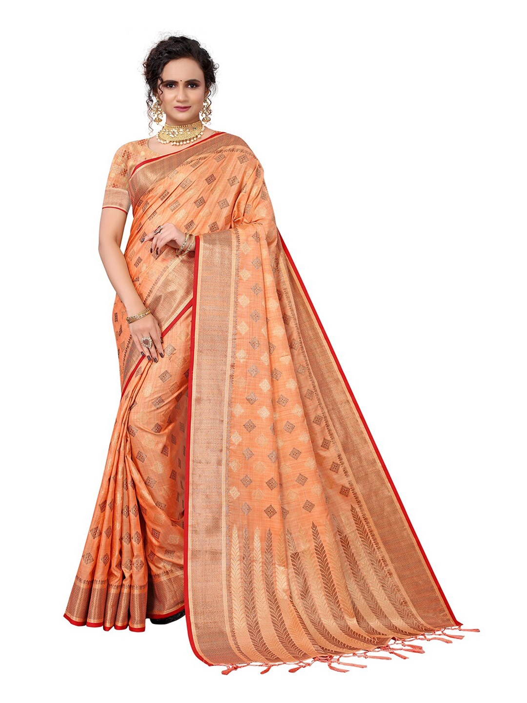 

Pisara Orange & Golden Zari Silk Cotton Chanderi Saree