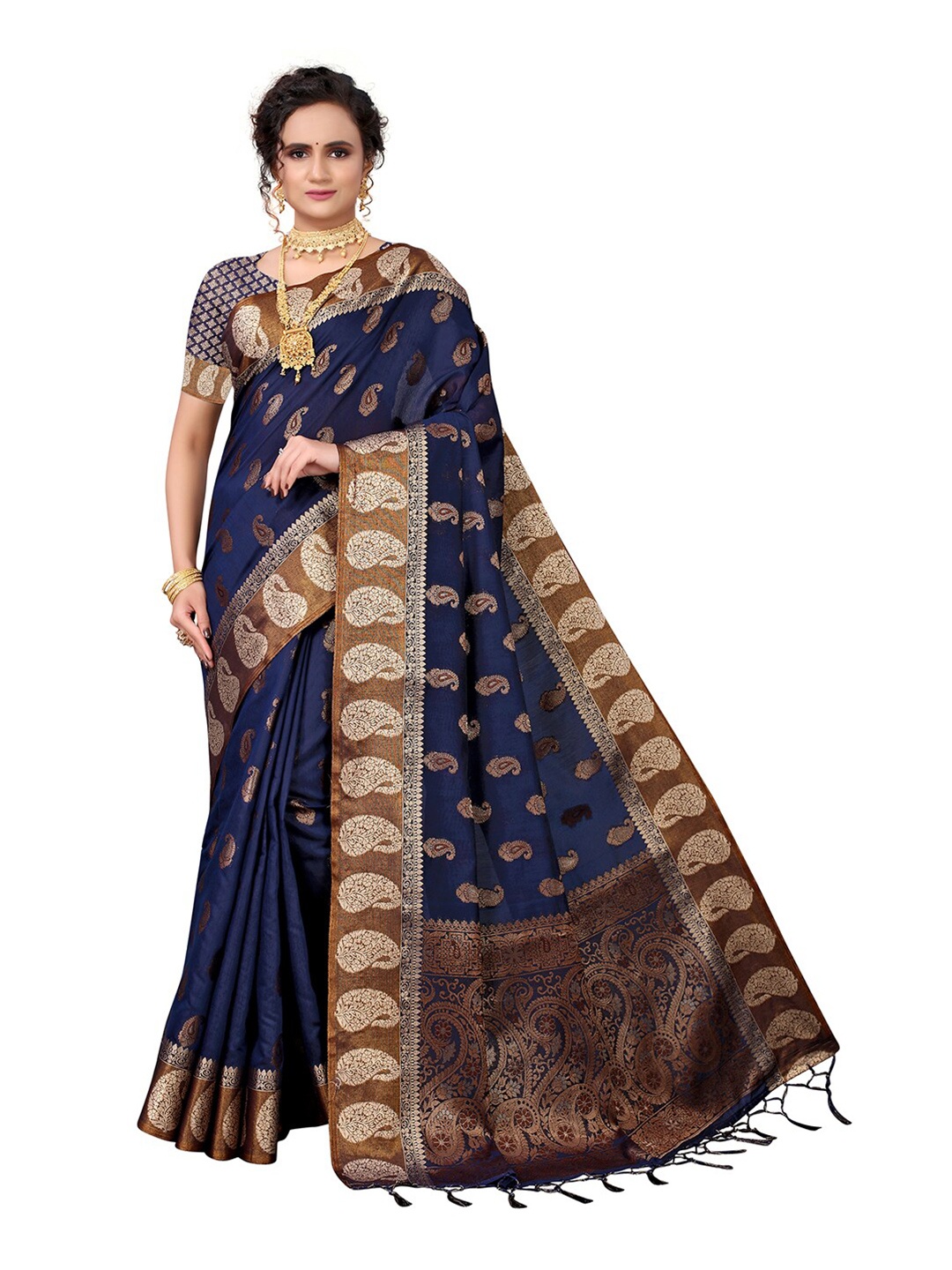 

Pisara Navy Blue & Copper-Toned Paisley Zari Silk Cotton Chanderi Saree