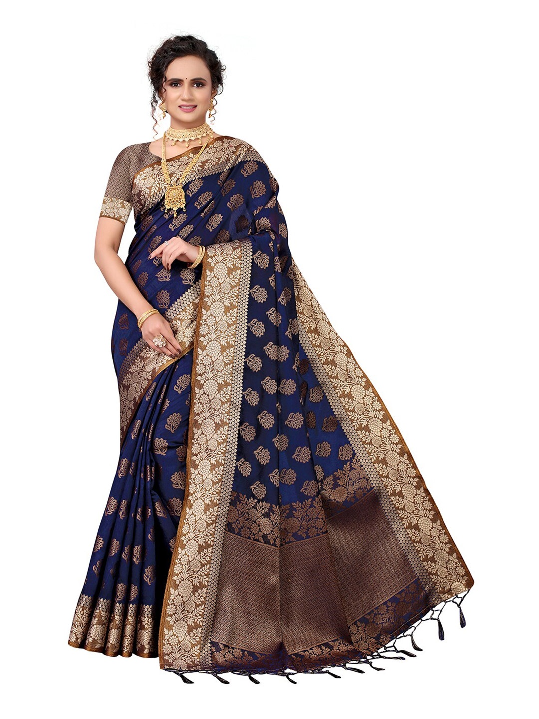 

Pisara Navy Blue & Tan Woven Design Zari Silk Cotton Chanderi Saree