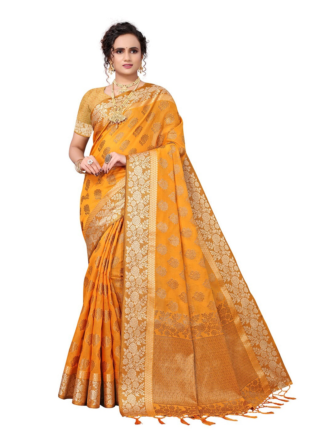 

Pisara Mustard & Gold-Toned Woven Design Zari Silk Cotton Chanderi Saree