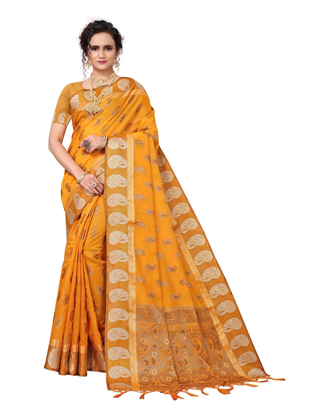 

Pisara Mustard & Gold-Toned Woven Design Zari Silk Cotton Chanderi Saree