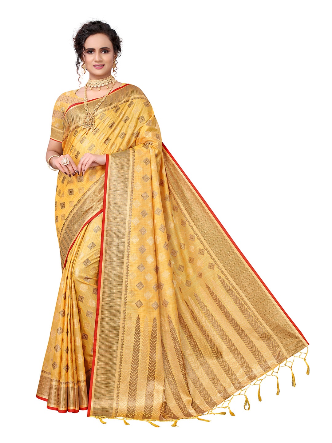 

Pisara Mustard & Red Ethnic Motifs Silk Cotton Chanderi Saree
