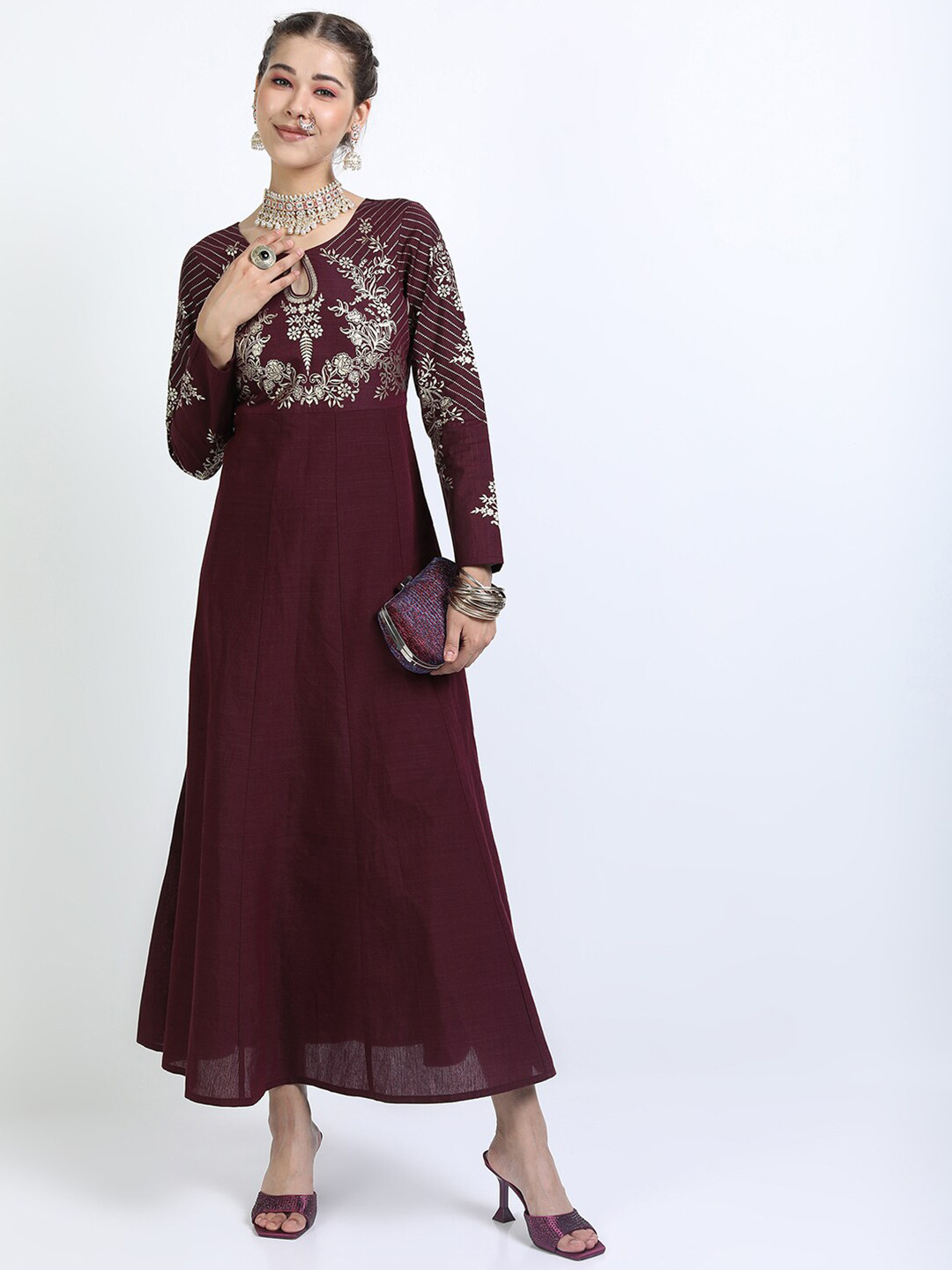 

Vishudh Maroon Floral Keyhole Neck Ethnic Maxi Dress