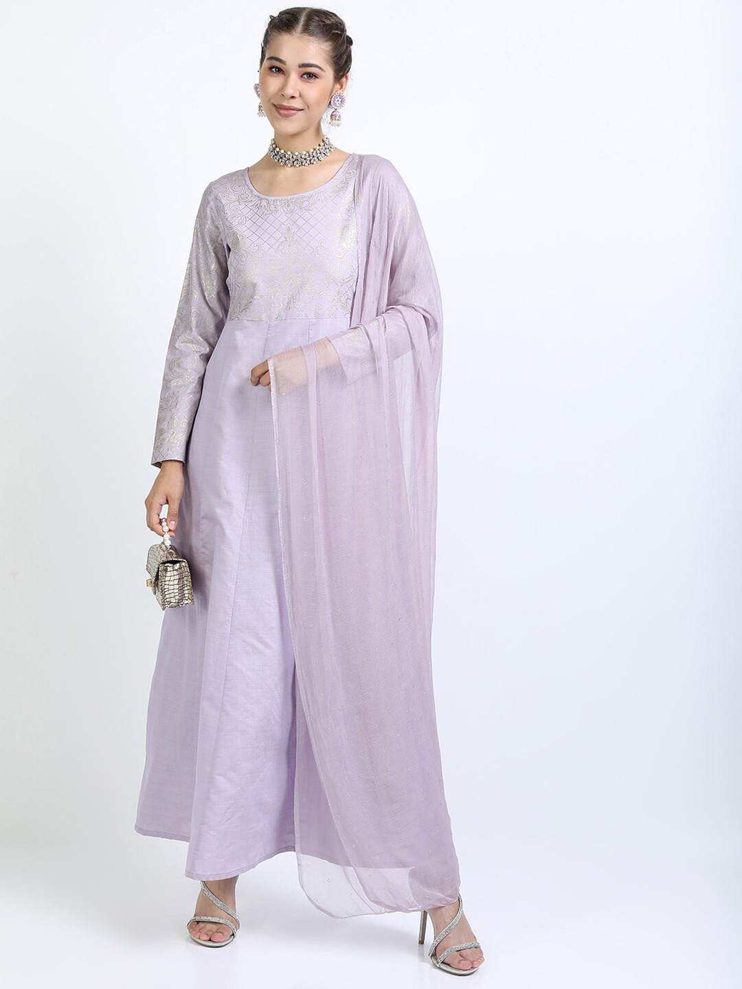 

Vishudh Women Mauve Ethnic Motifs Printed A-Line Kurta With Dupatta