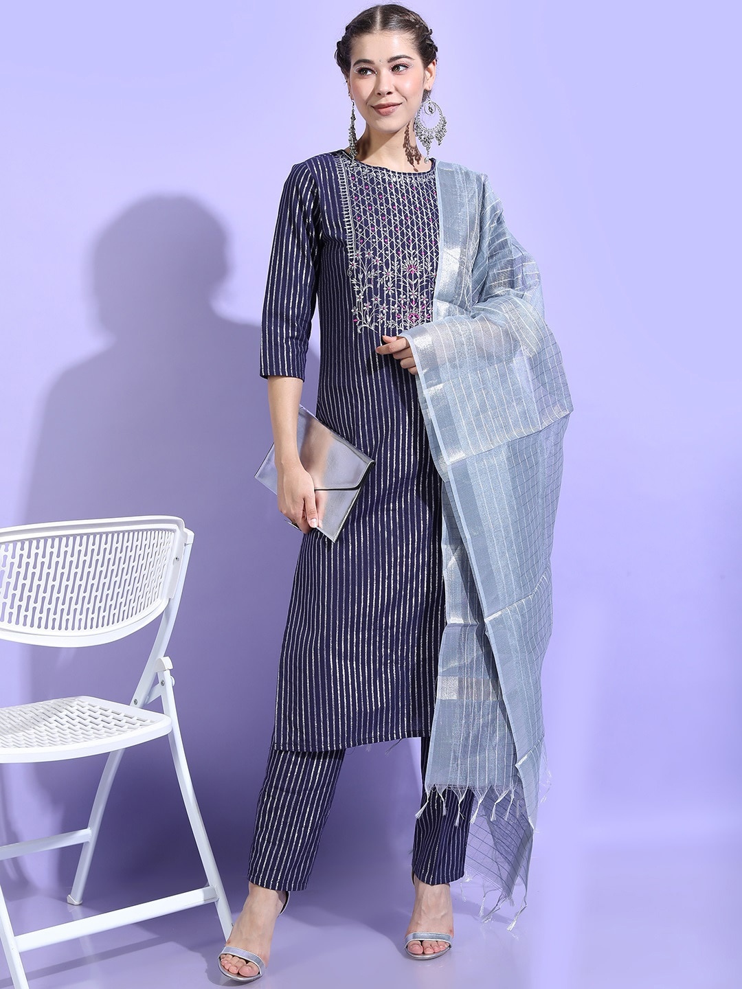 

Vishudh Women Blue Striped Pure Cotton Kurta with Trousers & With Dupatta