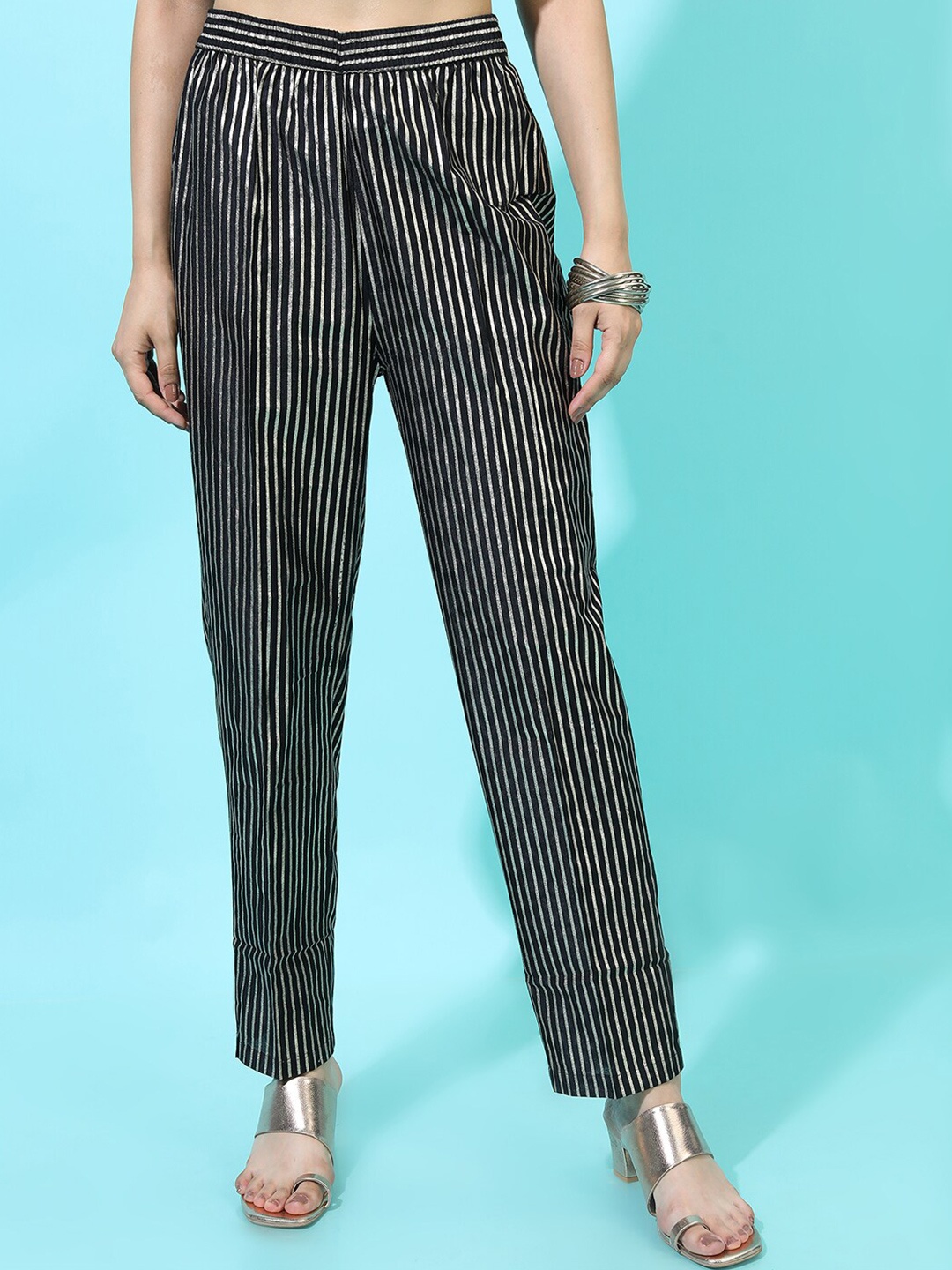 

Vishudh Women Black Striped Cotton Trouser