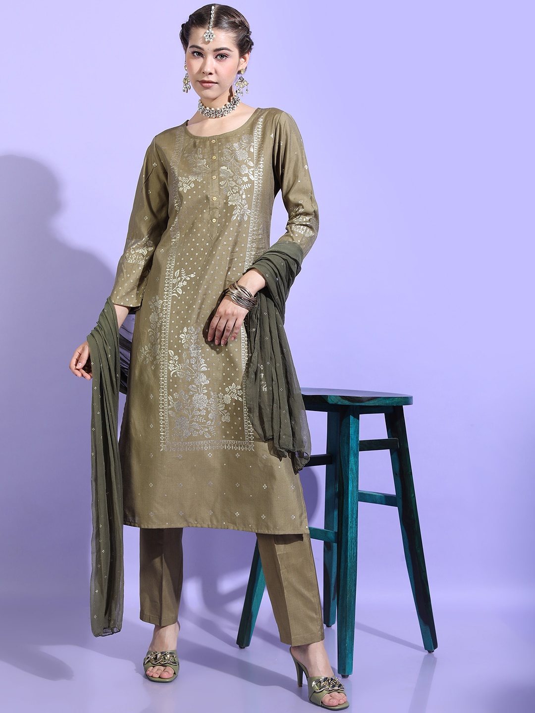 

Vishudh Women Floral Viscose Rayon Kurta with Trouser and Dupatta, Olive