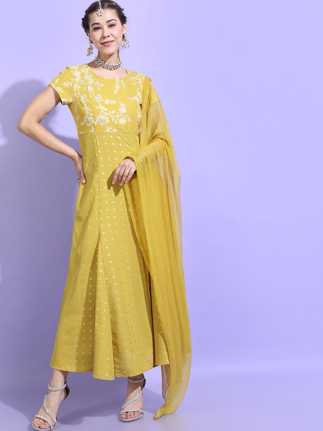 

Vishudh Women Yellow Floral Printed Ethnic Dress With Dupatta