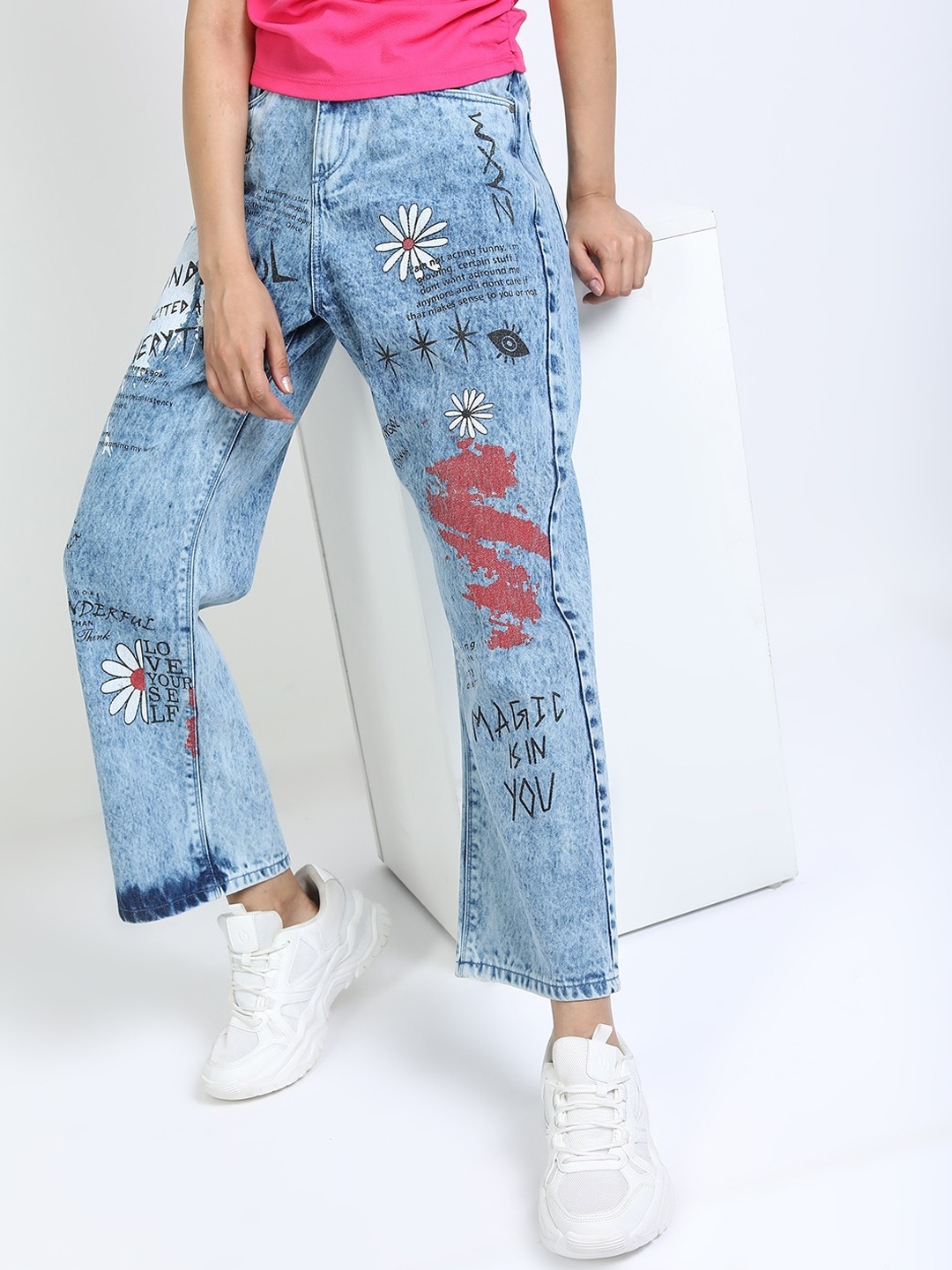 

Tokyo Talkies Women Blue Wide Leg Heavy Fade Printed Cotton Jeans