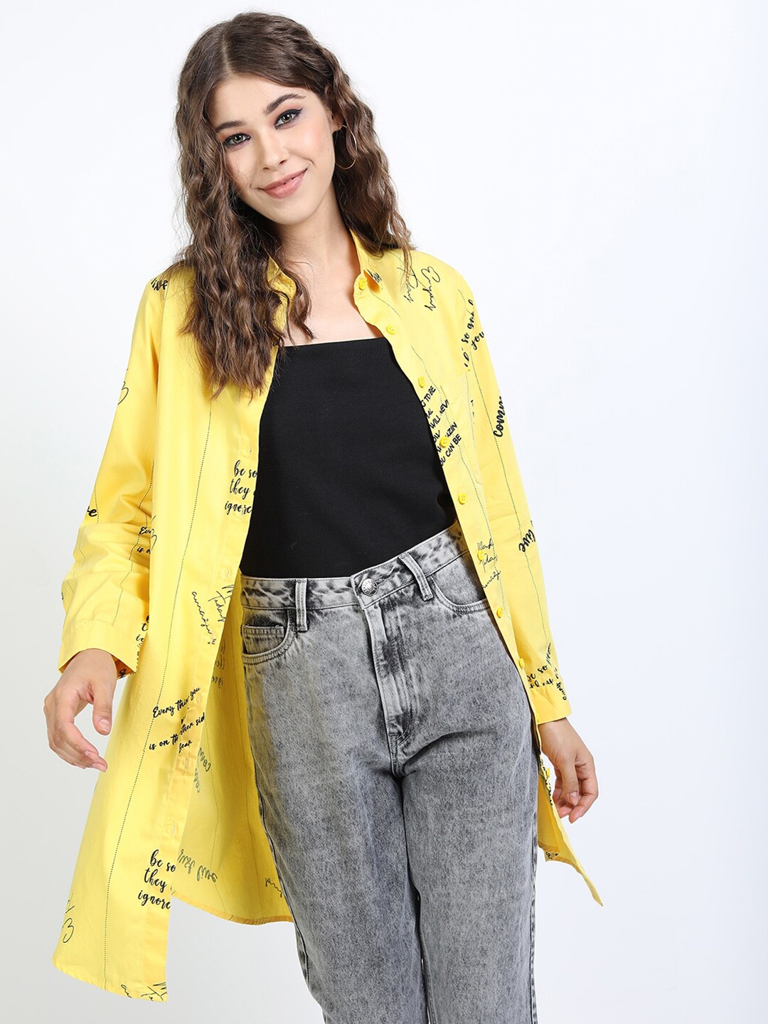 

Tokyo Talkies Women Yellow Printed Longline Cotton Casual Loose fit Shirt