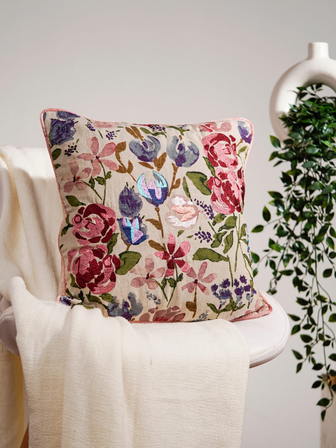 

haus & kinder Beige & Blue Embroidered Square Cushion Covers