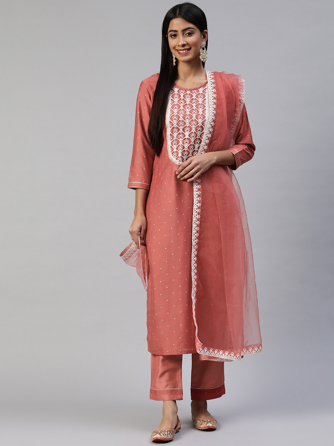 

SheWill Women Peach-Coloured Embroidered Kurta with Trousers & Dupatta