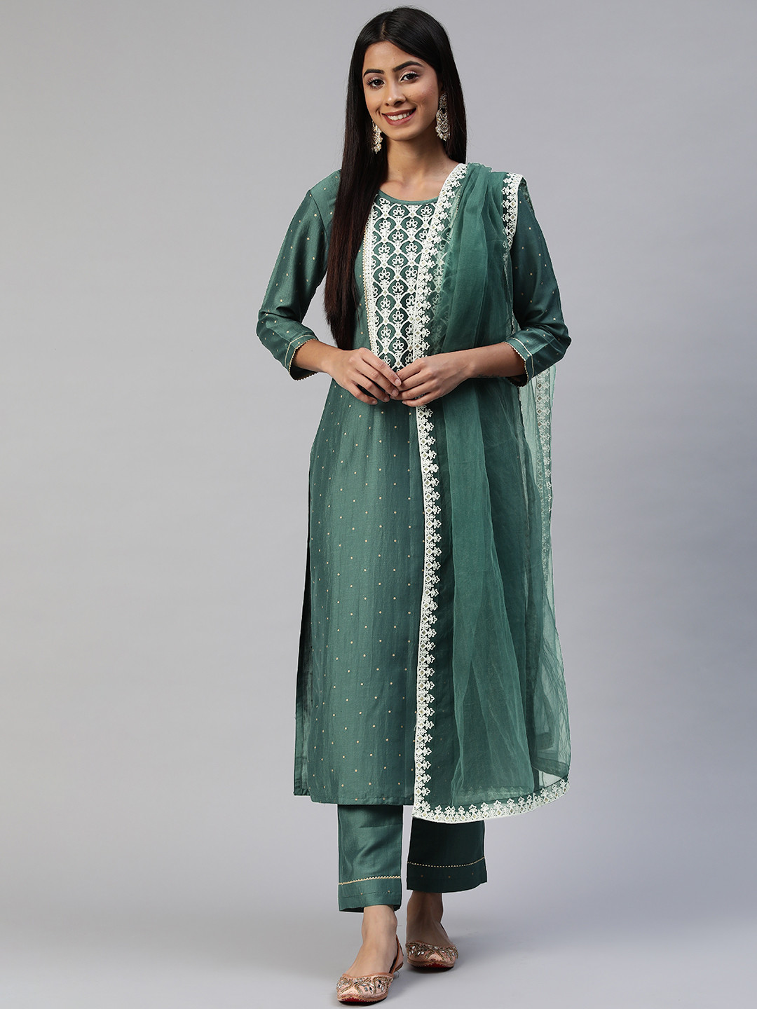 

SheWill Women Green Embroidered Sequinned Kurta with Trousers & Dupatta